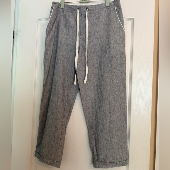 White and Black Striped Ankle Length Linen Drawstring Pants - Picture 1 of 6